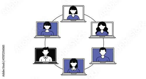 Illustration of a virtual meeting with six people on laptops editable stock