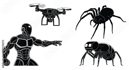 Illustration of a robot drone spider and insect on white background editable stock