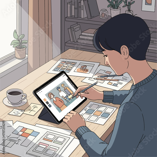 Young artist drawing characters on a digital tablet at a desk