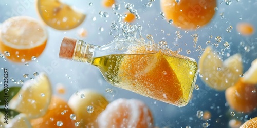 Fototapeta Naklejka Na Ścianę i Meble -  Citrus fruits and bottle floating in water with splashing effect