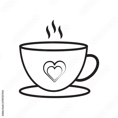 A simple black and white line drawing of a steaming cup of coffee on a saucer with a handle design.