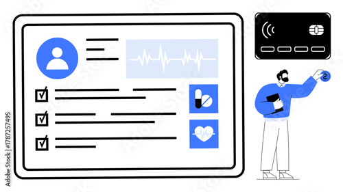 Digital health profile with user data, vitals, checklist, heart, medication icons. Man paying with card. Ideal for healthcare, telemedicine, technology payment data security diagnostics simple