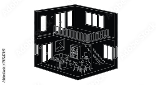 Isometric two story house interior with furniture and staircase editable stock