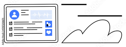 Digital health record with user profile, heart monitor, and medical info icons in online storage context. Ideal for healthcare, technology, telemedicine, data management, patient care, health