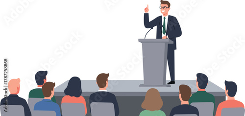 Confident speaker at podium, business presentation, public speaking event, leadership communication, corporate seminar, audience engagement, professional conference, keynote address