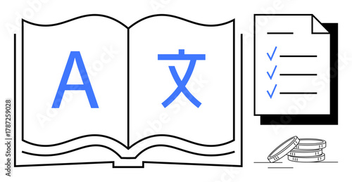 Open book with multilingual characters, checklist with checkmarks, stacks of coins. Ideal for education, translation, global business, e-learning, study, project planning simple flat metaphor
