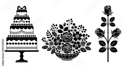 Black and white vector images of a cake and floral arrangements editable stock