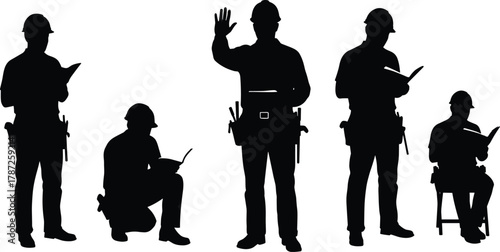 Construction workers silhouette, hard hats, tool belts, clipboard, industrial safety, engineering team, documentation, teamwork, inspection, planning, kneeling, sitting, standing, writing, reading