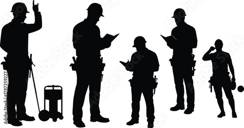 Construction workers silhouette, hard hats, tool belts, teamwork, site safety, communication, documentation, industrial labor, building crew, engineering, contractor, manual work