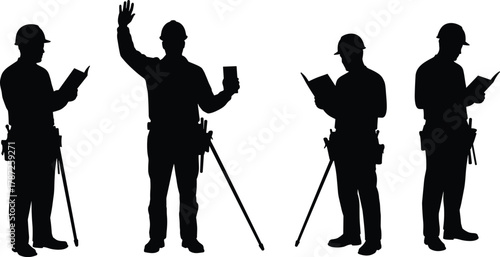 Construction workers silhouette, surveying team, tripod equipment, hard hats, field engineers, technical inspection, outdoor site, safety gear, teamwork, manual reference