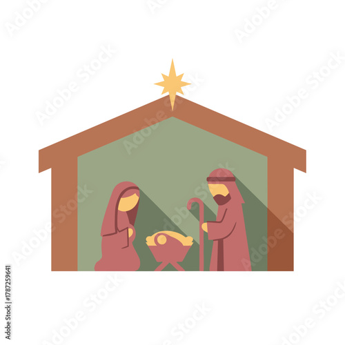 Nativity scene with Mary and Joseph gazing at baby Jesus in a stable - Concept of Christmas, New Year  