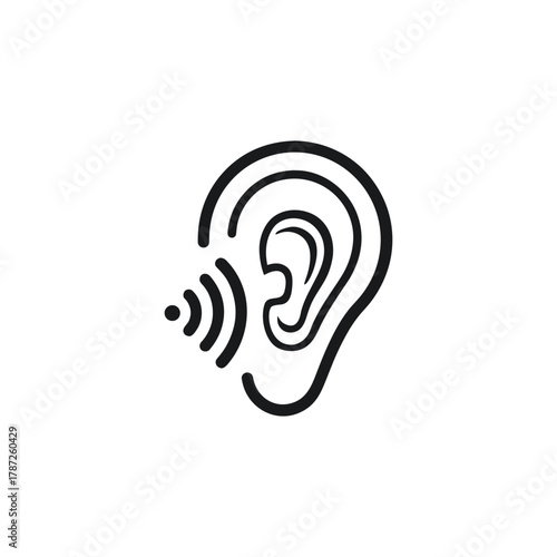 “Simple black line art icon of a human ear with three curved sound waves, minimalist vector design, white background, no color fill.”