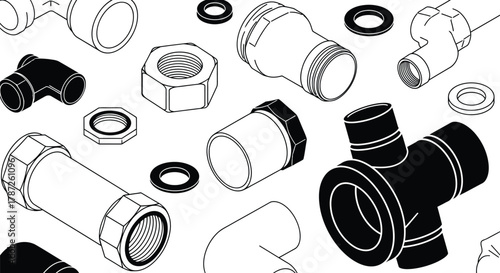 Isometric illustration of assorted plumbing fittings on white background editable stock