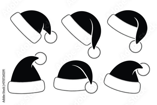 A collection of six stylized Santa hats with white trim and pom-poms against a white background.