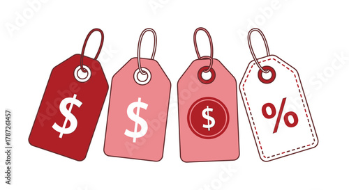 Illustration of four price tags with dollar and percentage symbols editable stock