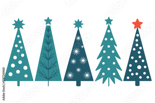 Five stylized evergreen trees with star toppers are decorated with festive patterns.