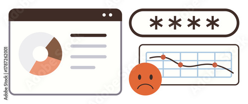 Web interface with pie chart, password field, graph showing decline, sad face. Ideal for cybersecurity, data protection, analytics issue, digital performance, privacy online safety simple flat