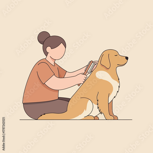 Woman brushing a golden dog