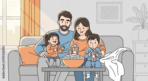 A happy family eating popcorn watching a movie