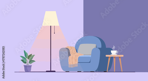 Blue armchair with blanket near floor lamp