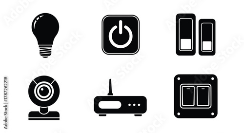 Illustration of lightbulb, power button, switches, webcam, and router editable stock