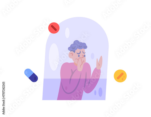 Illustration of a man trapped inside a drug capsule. Dependence on consuming drugs. Drug addiction. Addiction, health problem. Concept or metaphor. Flat style character design. White background.