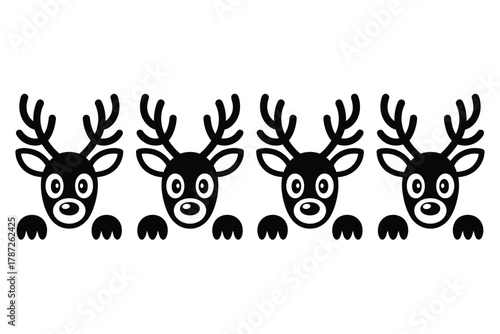 Four cartoon reindeer faces peek over an imaginary surface, evoking a festive and playful holiday mood.