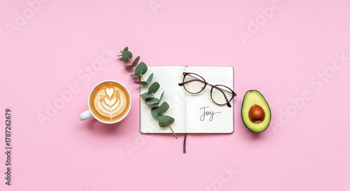 A flat lay arrangement of a coffee cup with latte art, a sprig of eucalyptus, a pair of glasses, a small notepad with the word 'Joy', and half an avocado on a pink background