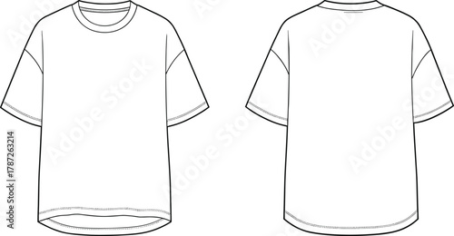 Oversized t-shirt technical sketch—front and back views with crew neck, dropped shoulders, and curved hem for fashion design