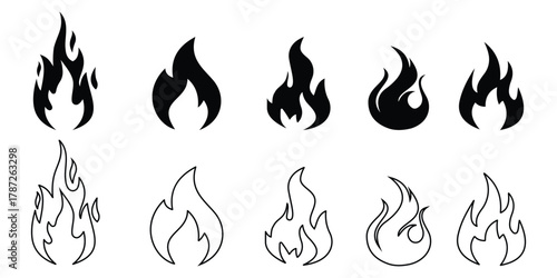Fire Flame icon vector set. Silhouette of  fire icon, flame, campfire, bonfire, flame sign, burning sign. Vector illustration.