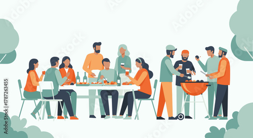 Diverse group of people enjoying a summer barbecue party in a park with city skyline in the background