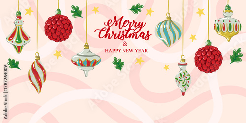 Christmas banner with xmas decoration ornament, Christmas background, card, frame vector illustration, drawing Happy Holiday, Can be used for Christmas gifts, decorations etc	