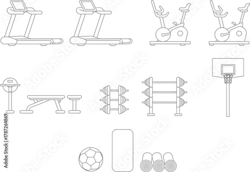 Design a stylish home gym with treadmills, weights, and exercise bikes outlines