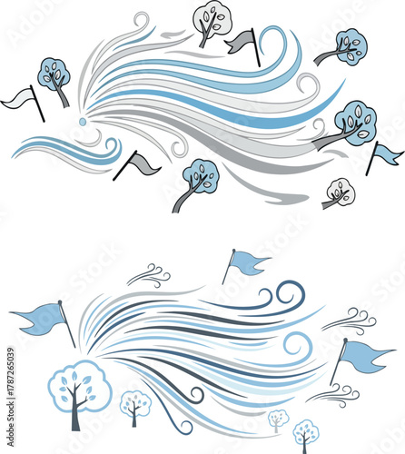 High wind icon set. Illustration of trees, flags, and wind gusts. 
