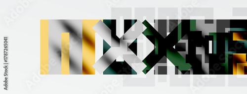 Abstract graphic design features fragmented text elements. Colors include gold, gray, black, green. Minimalist composition, modern aesthetic.