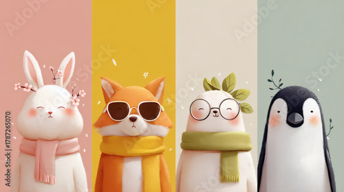A charming lineup of four cute cartoon animals: a rabbit, fox, bear, and penguin, each against a colorful pastel background.