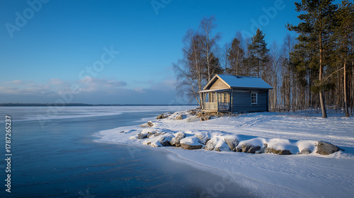 Fototapeta Naklejka Na Ścianę i Meble -  Winter cabin on frozen lake landscape scenic view travel destination