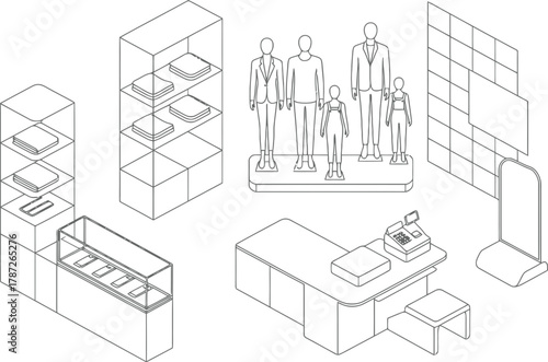 Modern store interior design concept with clothing display and cashier counter plan