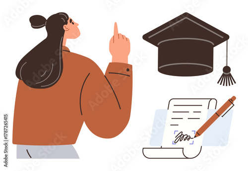 Woman pointing upward near a graduation cap and signing document symbolizing education, achievement, or goals. Ideal for graduation, career growth, certifications, knowledge, inspiration, success