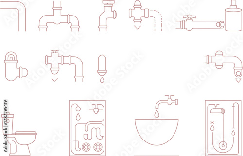 Plumbing system elements with pipes, toilet, sink, and shower system simple line art