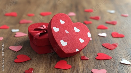 red heartshaped gift box with ribbon and scattered hearts on wood  