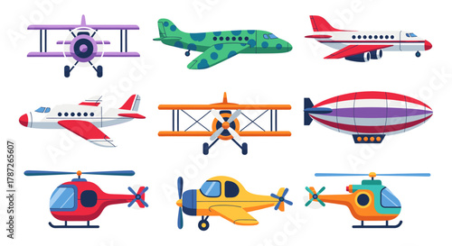 Collection of cartoon airplanes, helicopters, and blimp