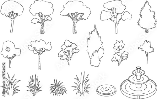 Create your own stunning garden landscape with this versatile line art design elements