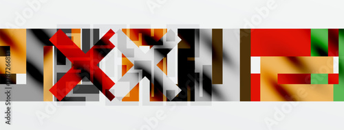 Abstract geometric composition. Rectangles overlap, creating complex visual texture. Colors include red, green, beige, gray. Minimalist design.