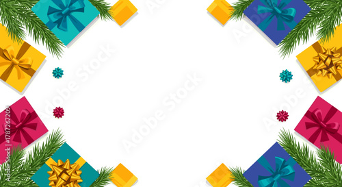 Colorful presents and seasonal decor framing blank space for holiday design  
