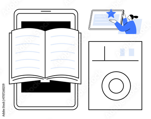 Open book on tablet screen, person interacting with tablet star rating, washing machine. Ideal for education, digital platforms, e-learning, appliances, user interaction, minimalism simple flat
