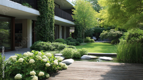 modern garden featuring minimalist landscaping with lush greenery, pond, and elegant stone pathways. vibrant plants and trees create refreshing outdoor space