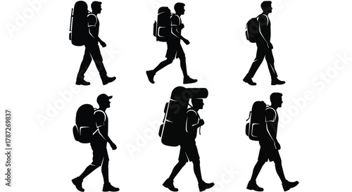 Hiking silhouette vector illustration backpacking adventure trip editable stock
