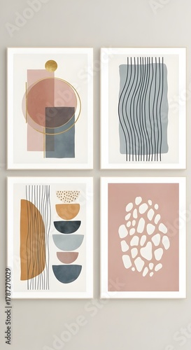 Set of four modern abstract art prints with geometric shapes and line patterns in pastel and neutral tones for contemporary interior decor