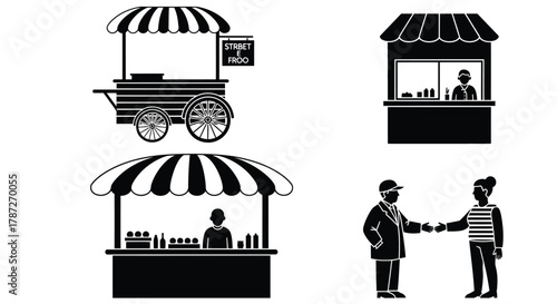 Street food vendor cart and market stall vector illustration set editable stock